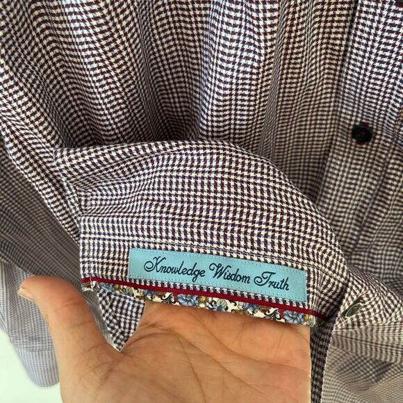 Robert Graham Burgundy Blue Small Pattern Contrasting Floral Cuffs Dress Shirt - Picture 8 of 11